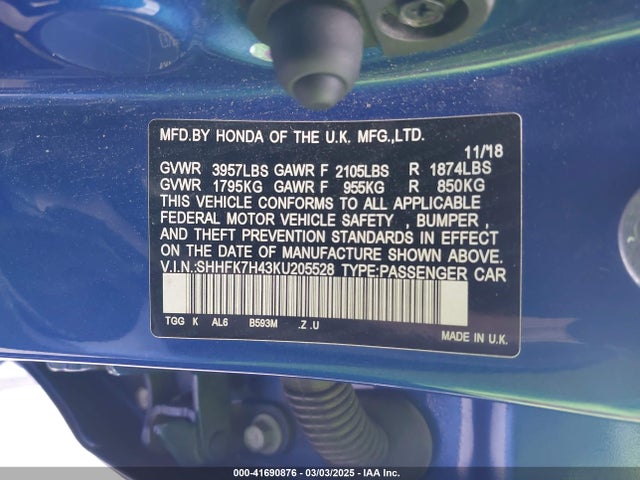 SHHFK7H43KU205528 Honda Civic Sport