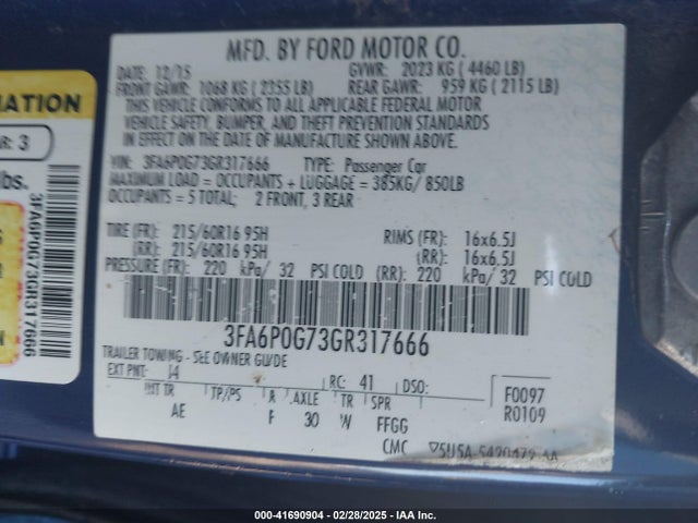Ford FUSION S 2016 3FA6P0G73GR317666 Image 9