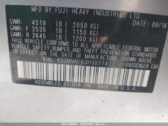 4S3BNAF63H3027411 Subaru Legacy 2.5i Premium