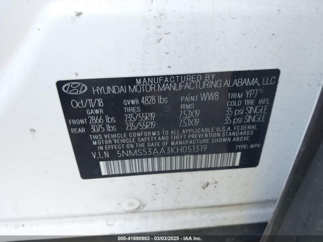 5NMS53AA3KH051319 Hyundai Santa Fe Ultimate 2.0t
