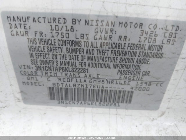 3N1CN7AP6KL822281 Nissan Versa 1.6 Sv