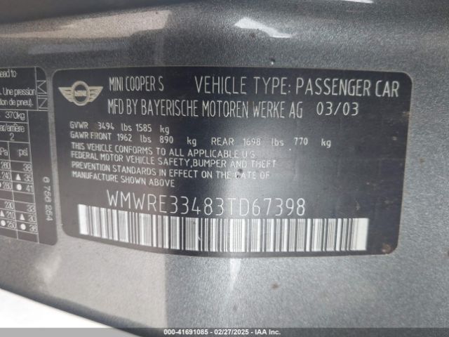 2003 MINI COOPER S WMWRE33483TD67398 Photo 8