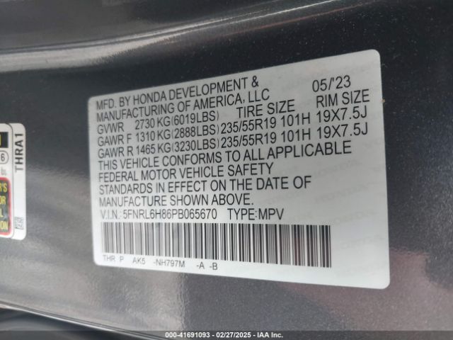 5FNRL6H86PB065670 Honda Odyssey Touring