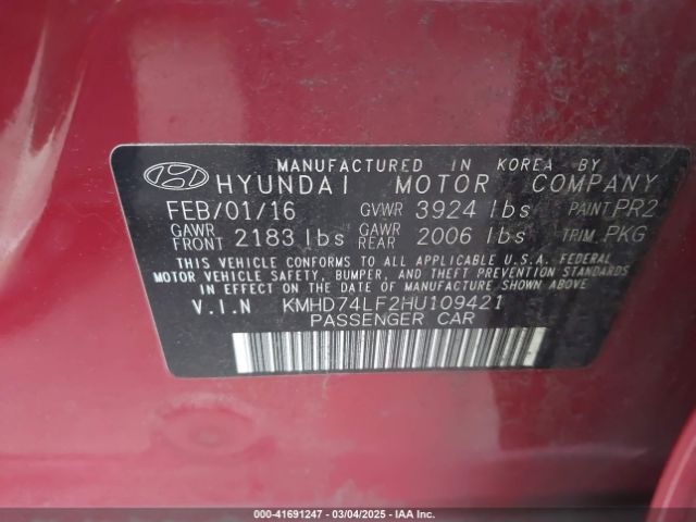 KMHD74LF2HU109421 Hyundai ELANTRA SE