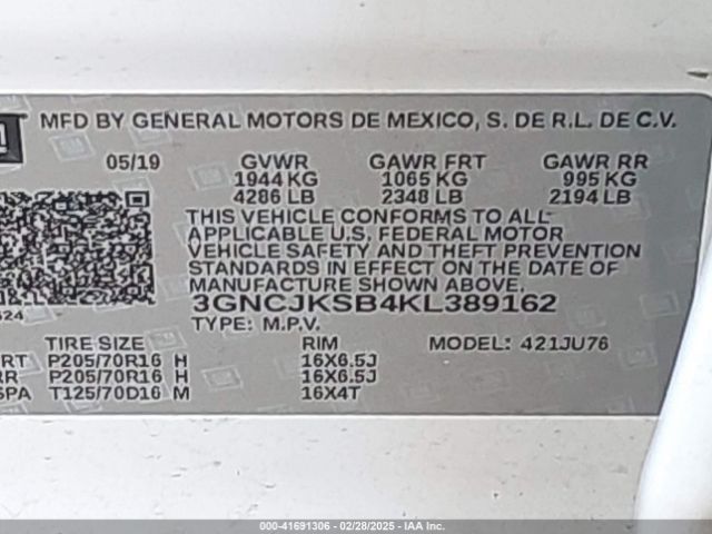 3GNCJKSB4KL389162 Chevrolet TRAX LS