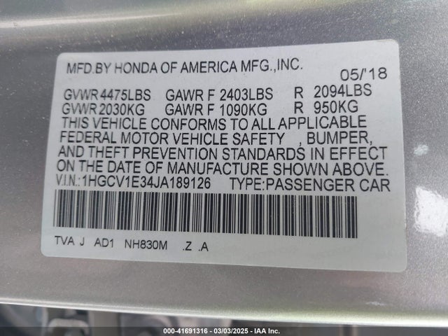 1HGCV1E34JA189126 Honda Accord Sport