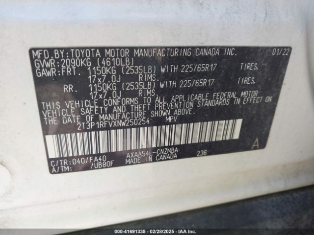2T3P1RFVXNW250254 Toyota Rav4 Xle