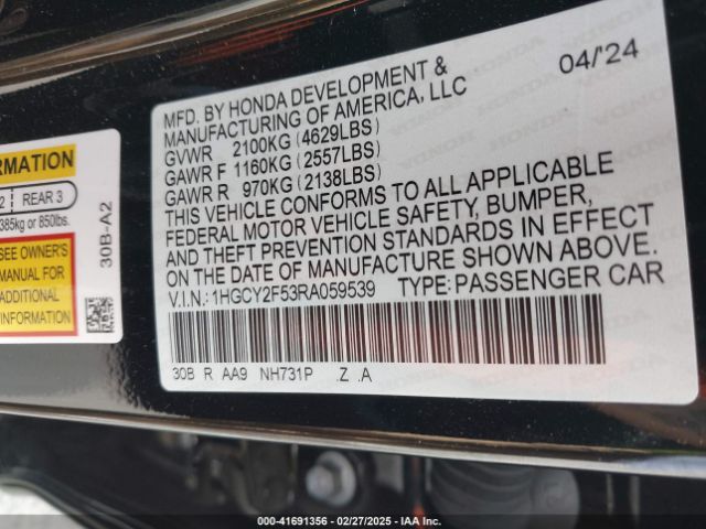 1HGCY2F53RA059539 Honda Accord Hybrid Sport