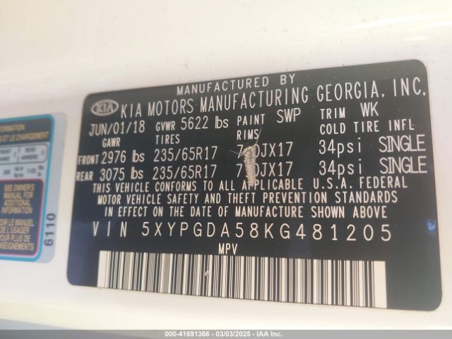 5XYPGDA58KG481205 KIA Sorento 3.3l Lx