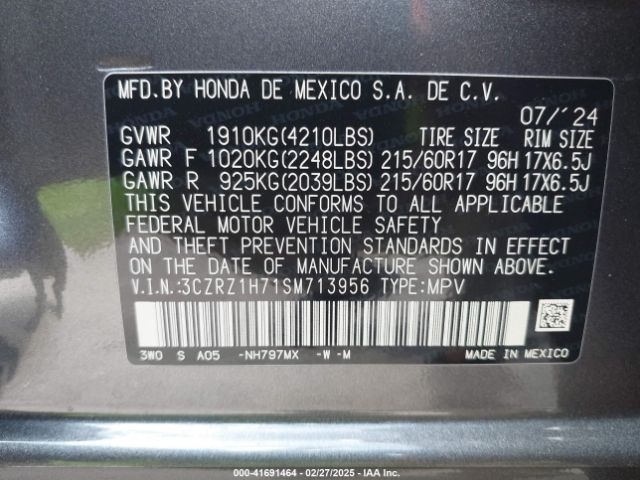 3CZRZ1H71SM713956 Honda Hr-v 2wd Ex-l