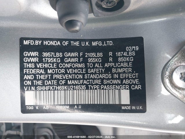 SHHFK7H69KU216535 Honda CIVIC EX