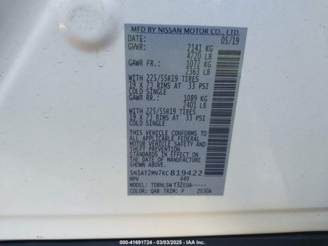 5N1AT2MV7KC819422 Nissan Rogue Sl