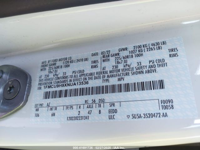 1FMCU9H9XNUA13536 Ford ESCAPE SEL