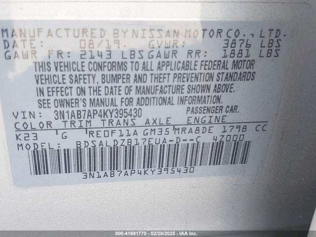 3N1AB7AP4KY395430 Nissan SENTRA SV