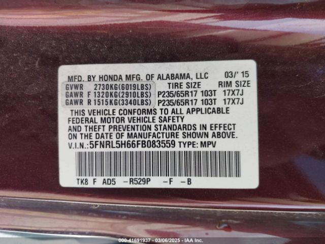 5FNRL5H66FB083559 Honda Odyssey Ex-l