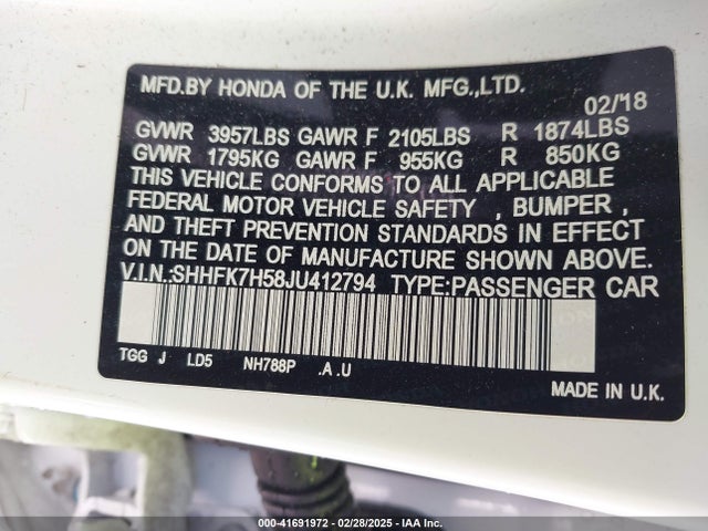 SHHFK7H58JU412794 Honda CIVIC EX