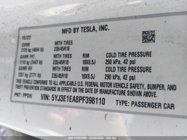 5YJ3E1EA8PF398110 Tesla Model 3 Rear-wheel Drive