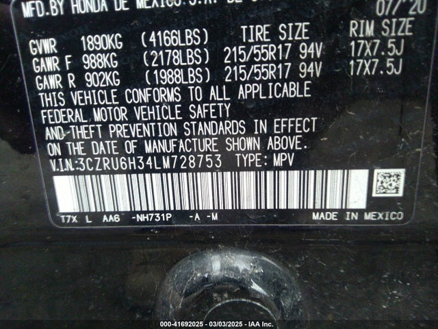 3CZRU6H34LM728753 Honda Hr-v Awd Lx