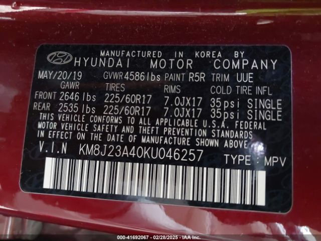 KM8J23A40KU046257 Hyundai TUCSON SE