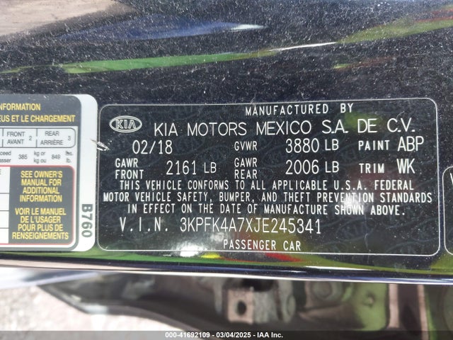 3KPFK4A7XJE245341 KIA FORTE LX