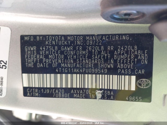 4T1G11AK4PU099549 Toyota CAMRY SE