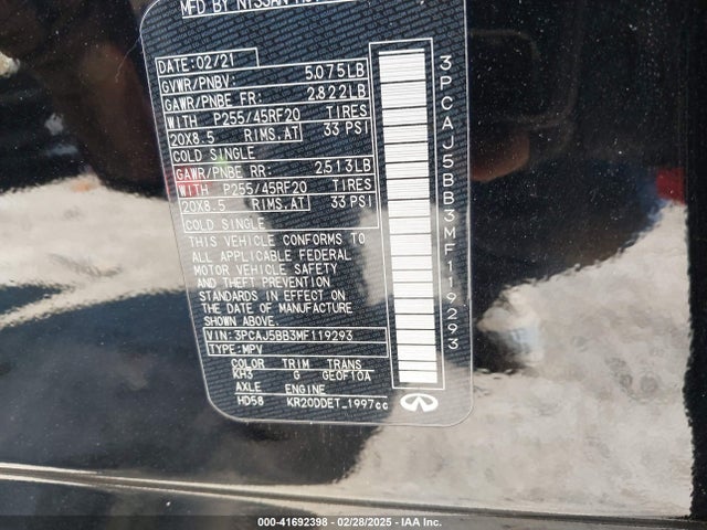 3PCAJ5BB3MF119293 Infiniti Qx50 Luxe Awd