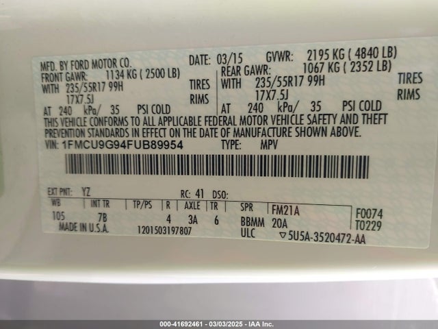 1FMCU9G94FUB89954 Ford ESCAPE SE
