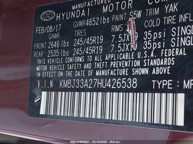 KM8J33A27HU426538 Hyundai Tucson Limited