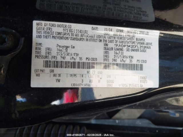 1FADP3K25FL202665 Ford FOCUS SE