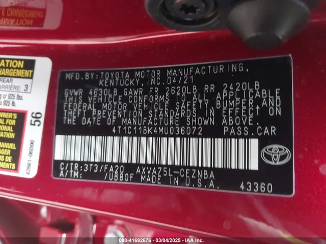 4T1C11BK4MU036072 Toyota Camry Le Awd
