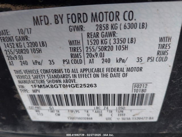 Ford EXPLORER SPORT 2017 1FM5K8GT0HGE25263 Image 9