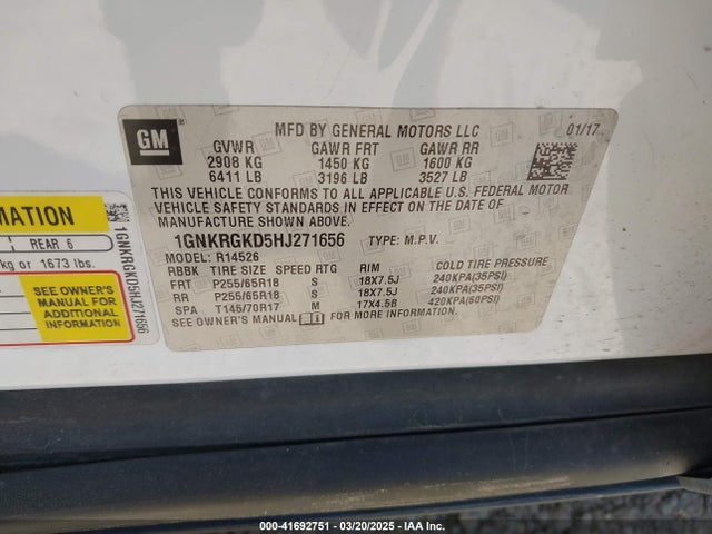 1GNKRGKD5HJ271656 Chevrolet Traverse 1lt