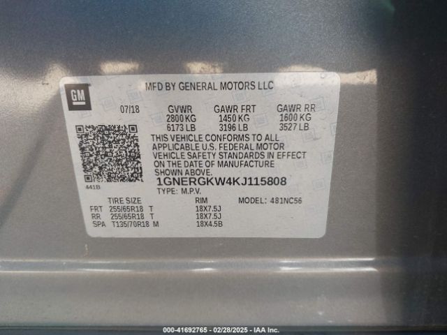 1GNERGKW4KJ115808 Chevrolet Traverse 1lt
