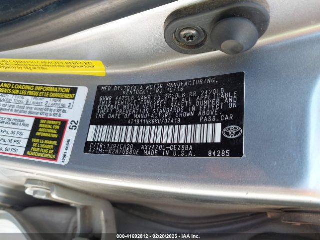 4T1B11HK8KU707419 Toyota CAMRY SE
