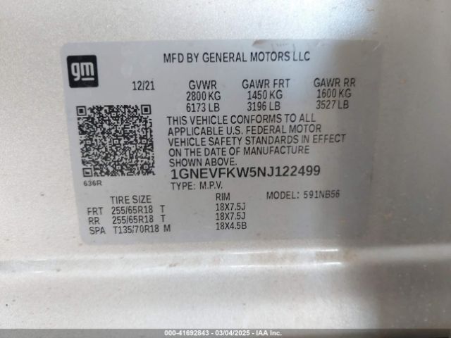 1GNEVFKW5NJ122499 Chevrolet Traverse Awd Ls
