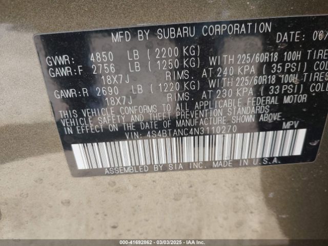 4S4BTANC4N3110270 Subaru Outback Limited