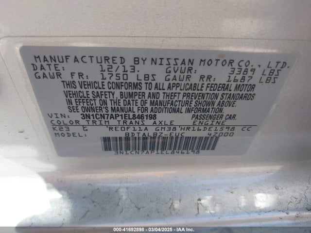 3N1CN7AP1EL846198 Nissan Versa 1.6 Sv