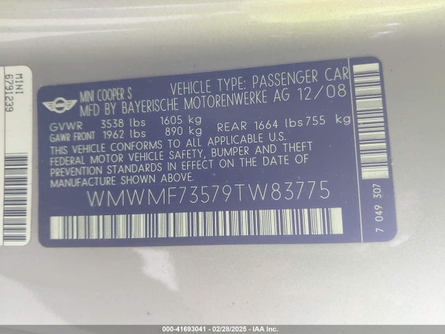 2009 MINI COOPER S WMWMF73579TW83775 Photo 8