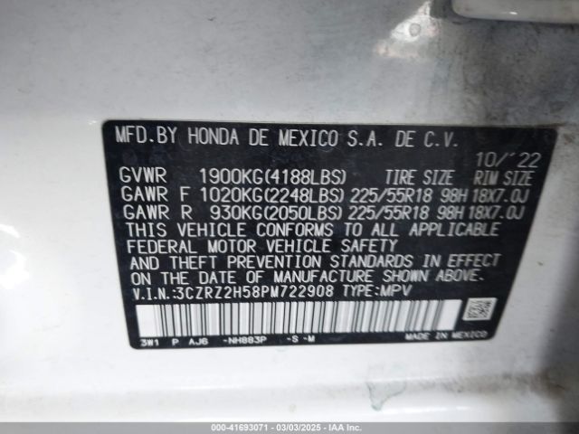 3CZRZ2H58PM722908 Honda Hr-v Awd Sport