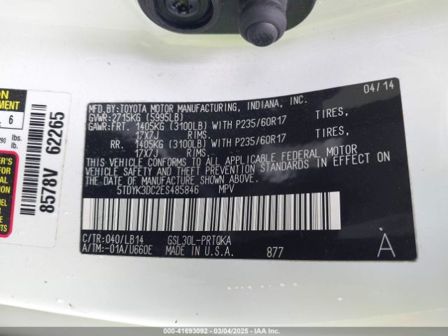 5TDYK3DC2ES485846 Toyota Sienna Xle/limited