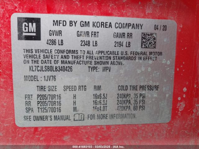 KL7CJLSB0LB340426 Chevrolet Trax Fwd Lt