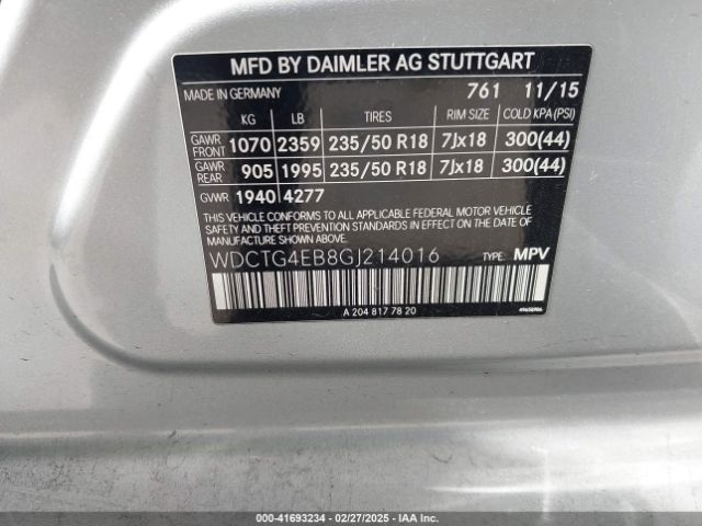 WDCTG4EB8GJ214016 Mercedes-Benz GLA 250