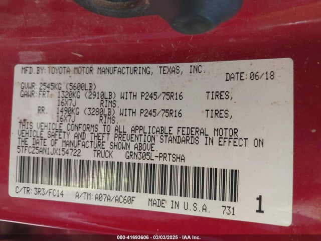 5TFCZ5AN1JX154722 Toyota Tacoma Sr5 V6