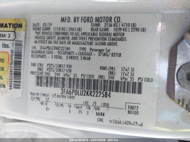 3FA6P0LU2KR222584 Ford Fusion Hybrid Se