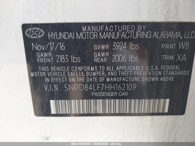 5NPD84LF7HH162109 Hyundai ELANTRA SE