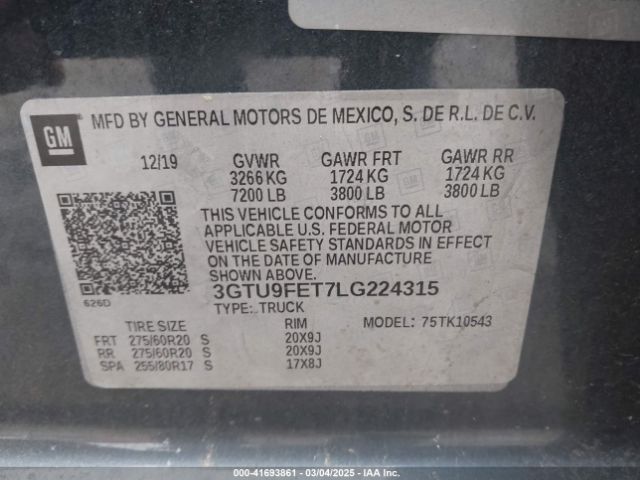 3GTU9FET7LG224315 GMC Sierra 1500 4wd  Short Box Denali