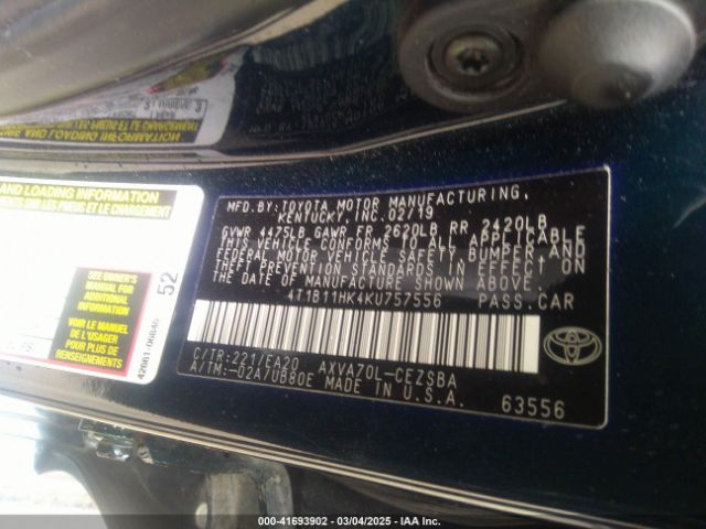 4T1B11HK4KU757556 Toyota CAMRY SE
