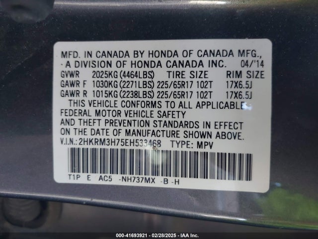 2HKRM3H75EH533468 Honda Cr-v Ex-l