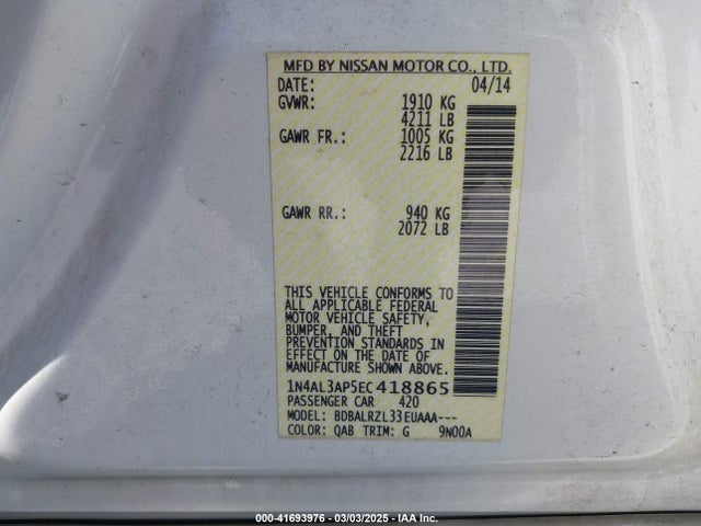 1N4AL3AP5EC418865 Nissan Altima 2.5/2.5 S/2.5 Sl/2.5 Sv