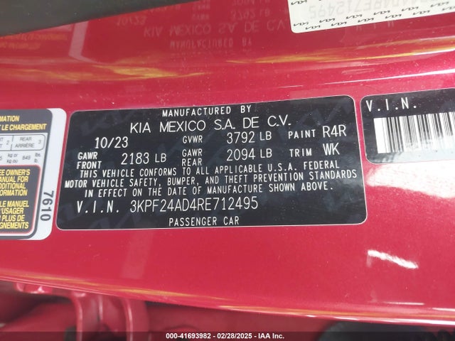 Продаж на аукціоні авто 2024 Kia Forte Lxs, vin: 3KPF24AD4RE712495, номер лоту: 41693982